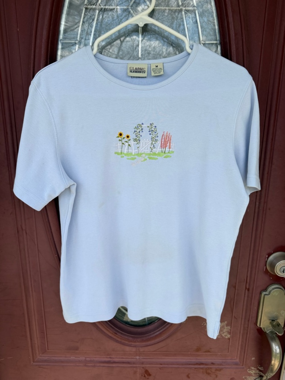 Classic Elements Light Blue Short Sleeve Tee with Embroidered Wildflowers